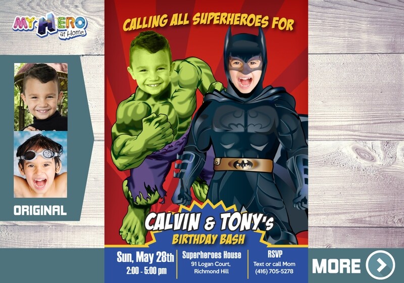 Joint Batman and Hulk Party Invitation, Hulk and Batman siblings invitation, Hulk and Batman theme party. 152