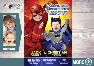 Flash and Batman Party Invitation. Custom Flash and Batman Siblings Birthday. Batman and Flash invitation. 176