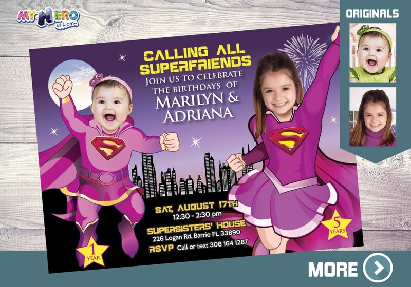 Pink Supergirls Birthday Invitation, Pink Supergirls Party, Joint Super Sisters Pink and Black Party, Super Sisters Birthday. 299
