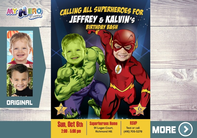 Hulk and Flash template invitation, Hulk and Flash birthday, Hulk and Flash digital invitation. 183