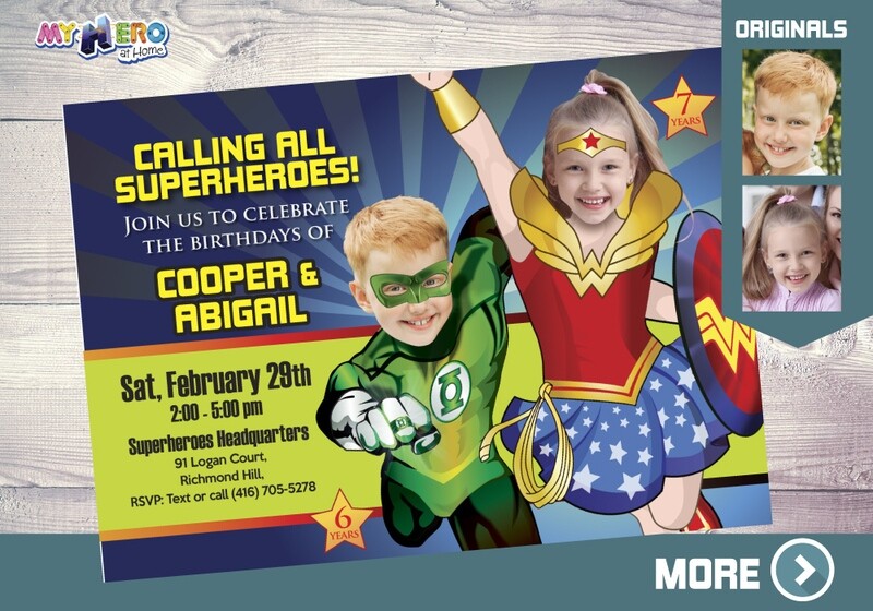 Green Lantern and Wonder Girl Birthday Invitation, Green Lantern and Wonder Girl Party, Green Lantern and Wonder Girl invitation template. 180