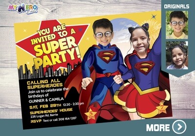 Supergirl and Superman Birthday Invitation, Super Siblings party, Superheroes Brother Sister Birthday, Superman and Supergirl Party. 116