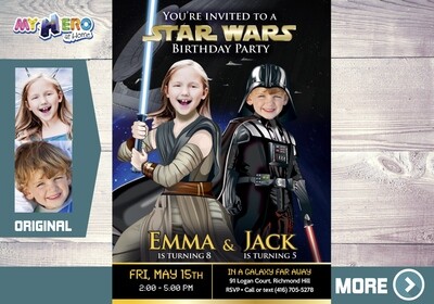 Darth Vader and Jedi Rey party invitation, Star Wars Party Ideas for Siblings, Joint Star Wars Birthday Invitation. 040