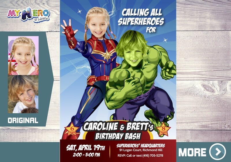 Hulk and Capt Marvel template invitation, Hulk and Capt Marvel birthday, Hulk and Capt Marvel digital invitation. 257