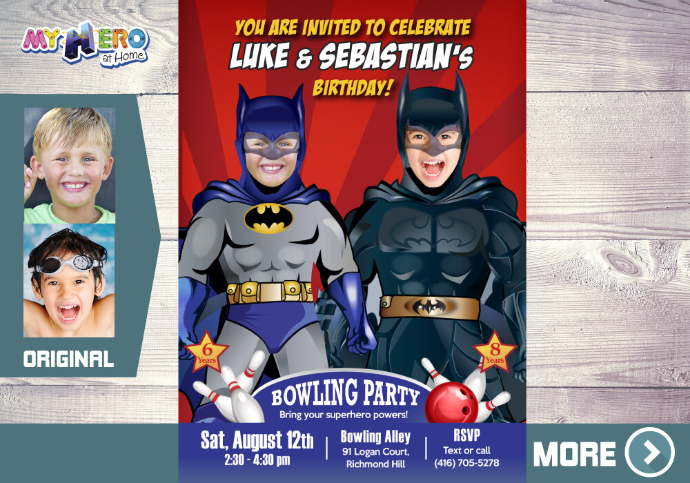 Joint Batman Bowling Invitation. Batman Bowling Party. Batman Theme party. Batman Siblings Bowling Party. 199