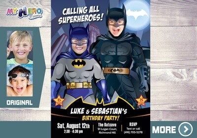 Joint Batman Invitation, Batman Siblings Invitation, Batman Brothers Invitation, Batman themed party, Batman party for 2 boys. 425