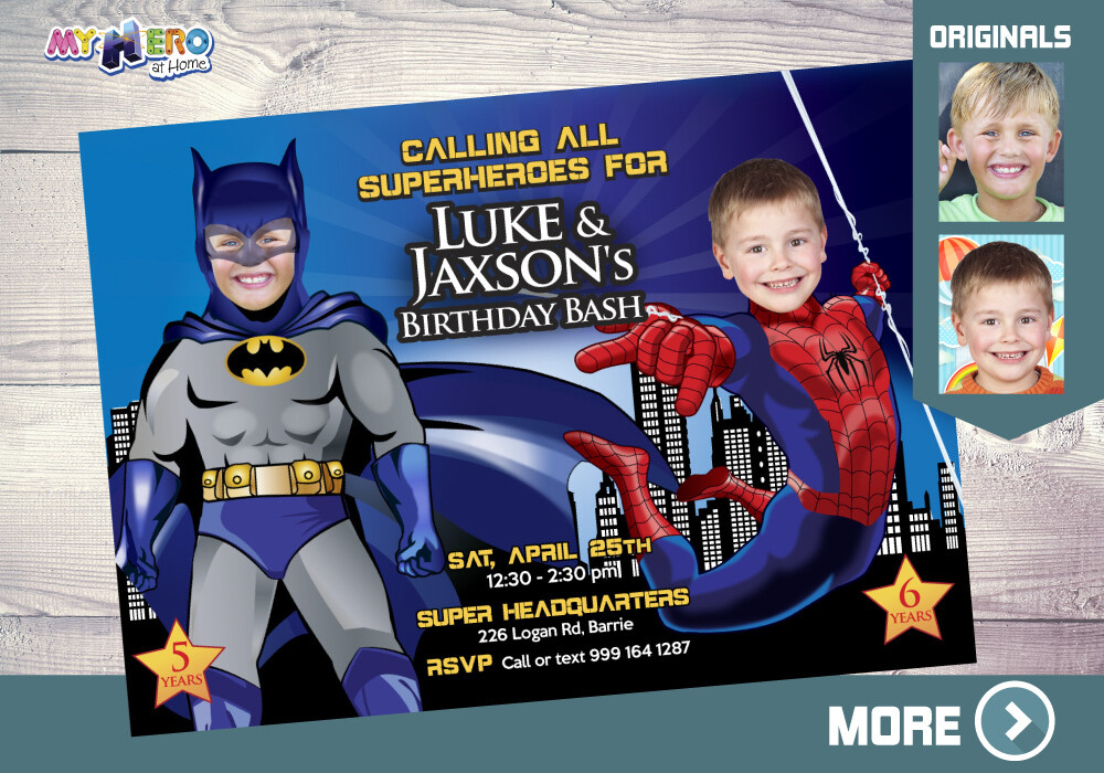 Batman and Spiderman Invitation. Joint superheroes birthday. Superheroes Birthday Invitation. Spiderman and Batman theme Party. 192