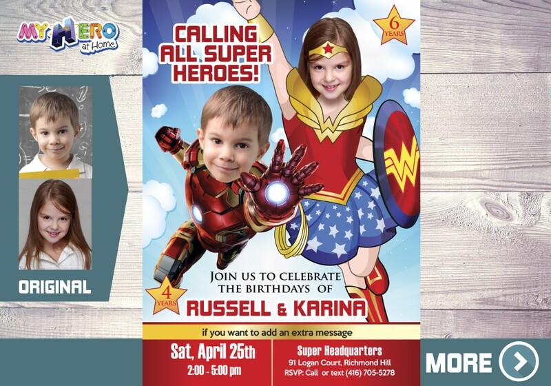 Ironman and Wonder Woman Birthday Invitation, Ironman and Wonder Girl Party, Ironman and Wonder Girl invitation template. 172