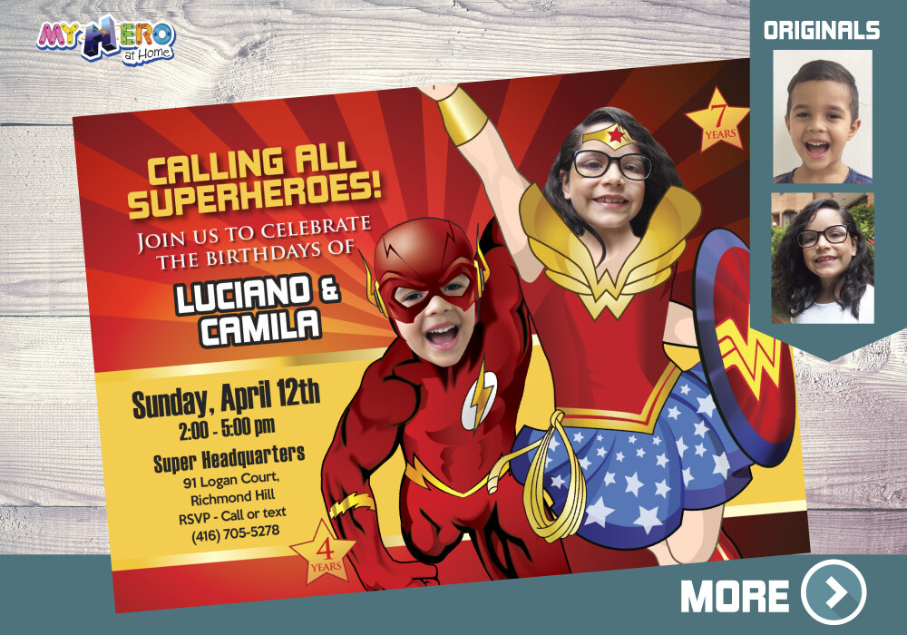 Flash and Wonder Woman Birthday Invitation, Wonder Woman and Flash Party, Joint superheroes Party, Joint Superheroes Digital. 150