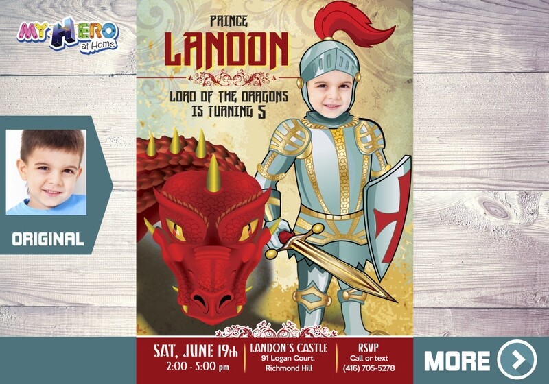 Young Medieval Knight Birthday Invitation with photo or your kid as a knight, Personalized Dragons Birthday template. 218