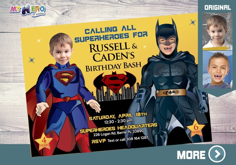 Batman and Superman party invitation, Batman and Superman theme party, Batman and Superman template invitation. 068