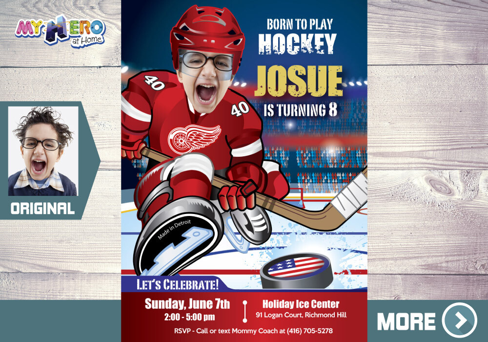 Detroit Red Wings Birthday Invitation, Detroit Red Wings Party, Hockey Party, Hockey Digital, Hockey Virtual, Hockey Birthday. 303