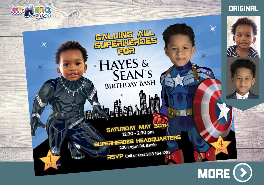 Captain America and Black Panther Invitation, Joint Avengers Party, Black Panther and Captain America Birthday Party Invitation. 163