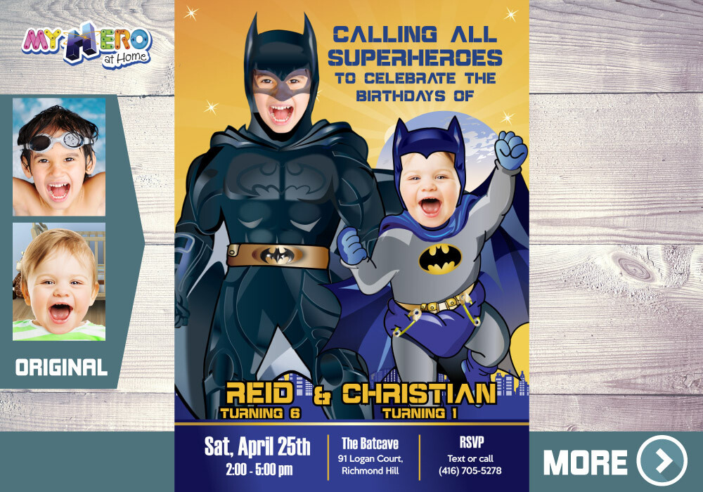 Batman Invitation for Siblings. Joint Batman Party. Batman theme Party. 071