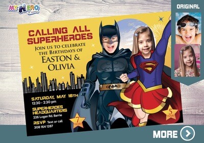 Joint Batman and Super Girl Invitation. Joint Superheroes Party. Supergirl and Batman Party Ideas. Superheroes Siblings Birthday Ideas. 115