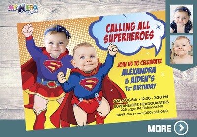 Superman and Supergirl 1st Birthday Invitation, Super Baby Twins Birthday, Supergirl Superman First Birthday, Super Babies 1st Party. 120