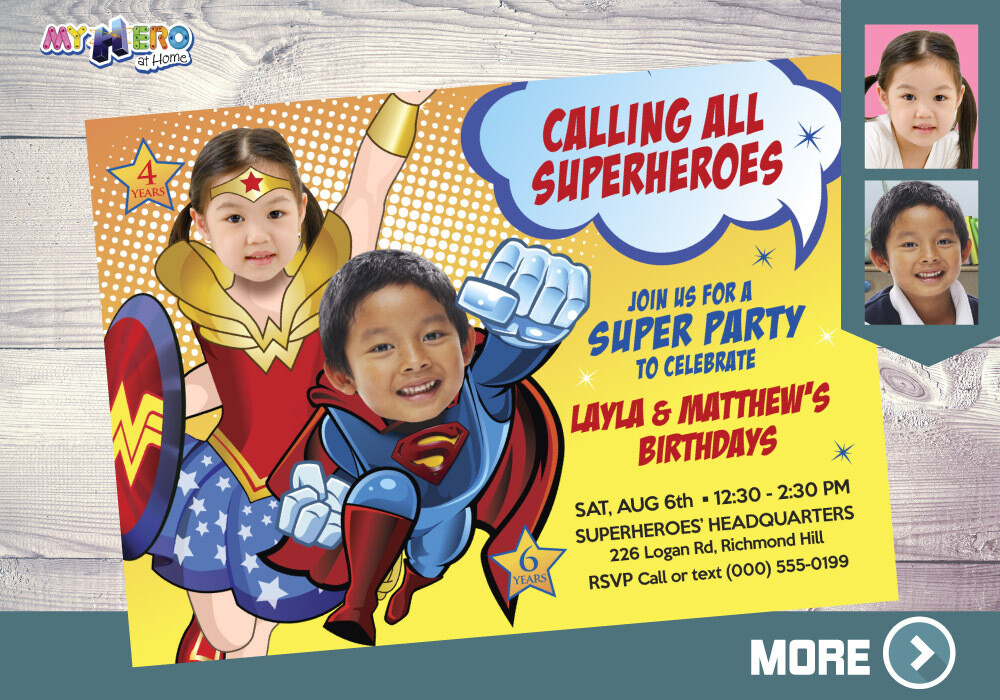 Wonder Woman and Superman Birthday Invitation, Superheroes Siblings Party, Joint Justice League party, Superman Wonder Woman Party. 141