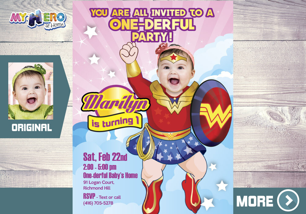 Wonder Baby 1st Birthday Invitation, Baby Wonder Woman 1st Party, One-derful Birthday, Wonder Baby Party. 171