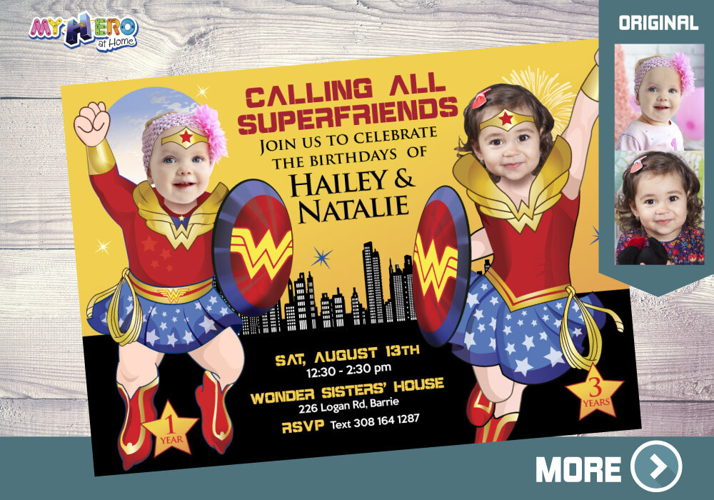 Wonder Woman Birthday Invitation for Sisters, Joint Wonder woman party, Wonder Sisters Birthday Invitation, Siblings Wonders Party. 131