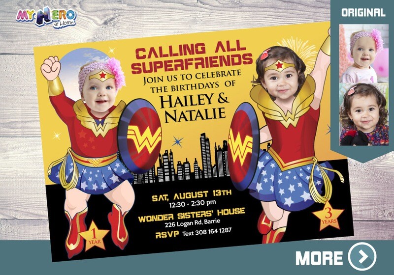 Joint Wonder Woman Birthday Invitation, Wonder Woman siblings Party, Wonder Woman twins invitation template. 131