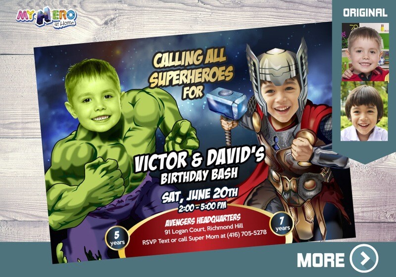 Thor and Hulk Birthday Invitation, Hulk and Thor Party siblings party Invitation, Joint Hulk Thor Party invitation, Avengers twins party. 156