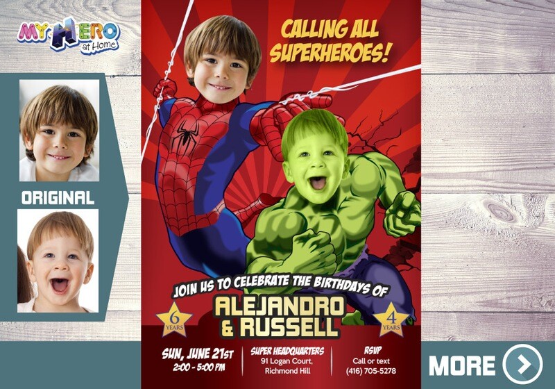 Hulk and Spider-Man Birthday Invitation, Spider-man and Hulk Siblings Party, Joint Avengers Party, Joint Avengers Theme party, 438