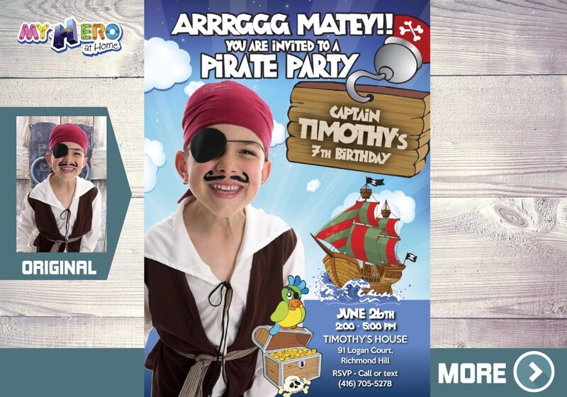 Pirate Invitation with Photo of your Pirate, Custom Pirate Birthday, My own Pirate Party Invitation, Invitación de Pirata personalizada. 439