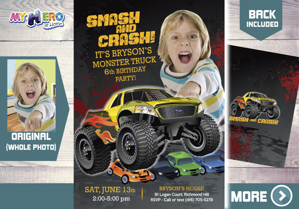 Monster Truck Party Invitation. Monster Truck Photo Invitation. Monster Truck theme party. Monster Truck Birthday. Smash and Crash. 443B