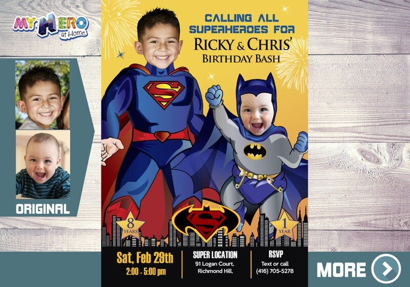 Superman and Batman Invitation. Joint Batman and Superman Invitation. Joint Superman Baby Batman Party. Joint Superheroes Party. 445