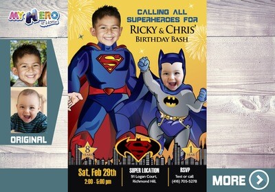 Superman and Batman Birthday Invitation. Joint Batman and Superman Invitation. Superman vs Batman Joint Party. Joint Superheroes Party. 445