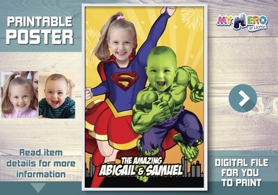 Supergirl and Baby Hulk poster, Super Siblings Poster, Joint Superheroes Poster, Hulk and Supergirl Poster, Joint Superheroes Decor. 449
