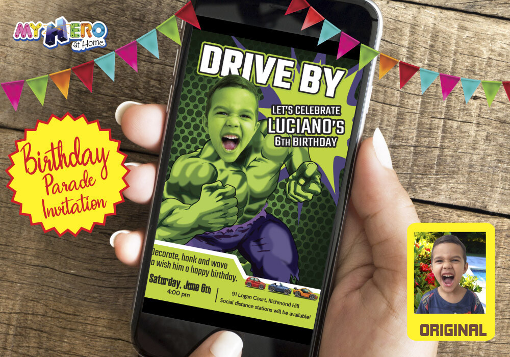 Hulk Drive By Birthday, Hulk Drive-By Invitation, Hulk Drive-By Party, Hulk Birthday Parade, Hulk Driveway Party. 089DB