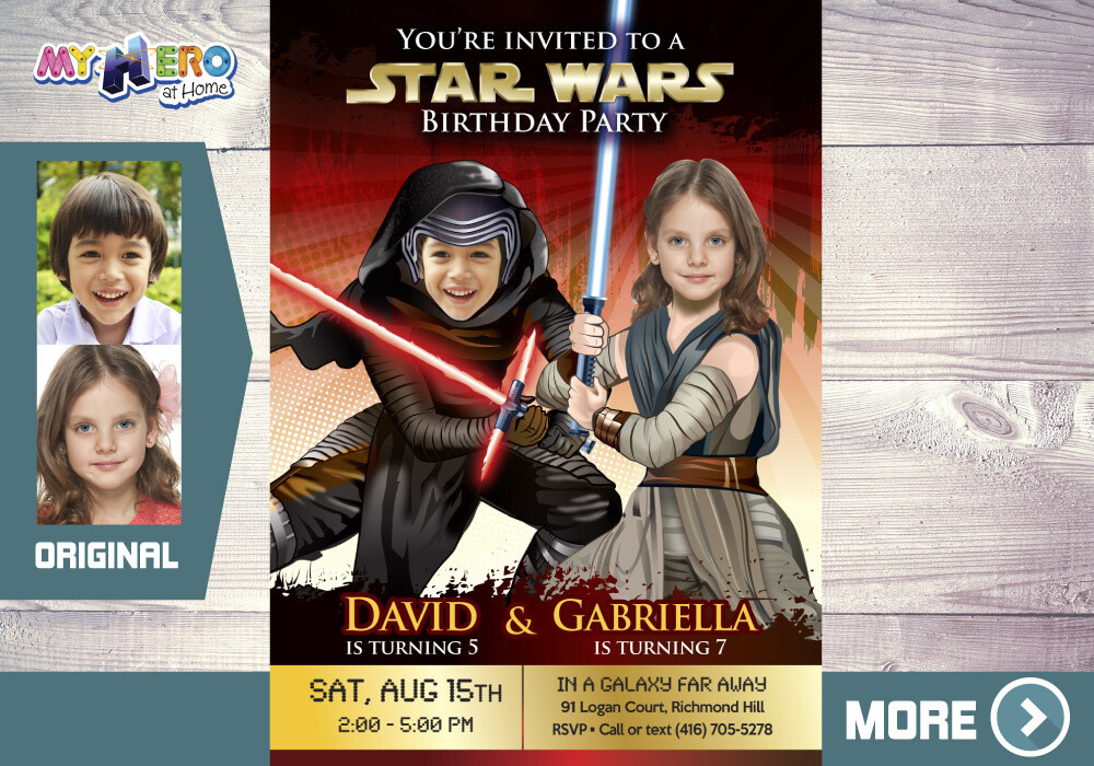 Kylo Ren and Jedi Rey Party, Jedi Rey and Kylo Ren Birthday Invitation, Joint Star Wars Invitation, Star Wars Siblings Invitation. 459