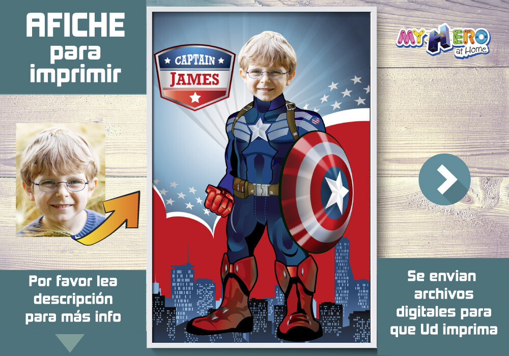 Afiche de Capitán América. Afiche Personalizado de Capitán América. Decoración Capitán América. Fiesta Capitán América. 365SP