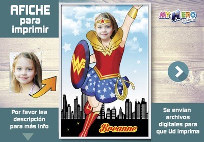 Afiche de Wonder Woman, Afiche Personalizado de Mujer Maravilla, Decoración Wonder Woman, Fiesta Mujer Maravilla. 374SP