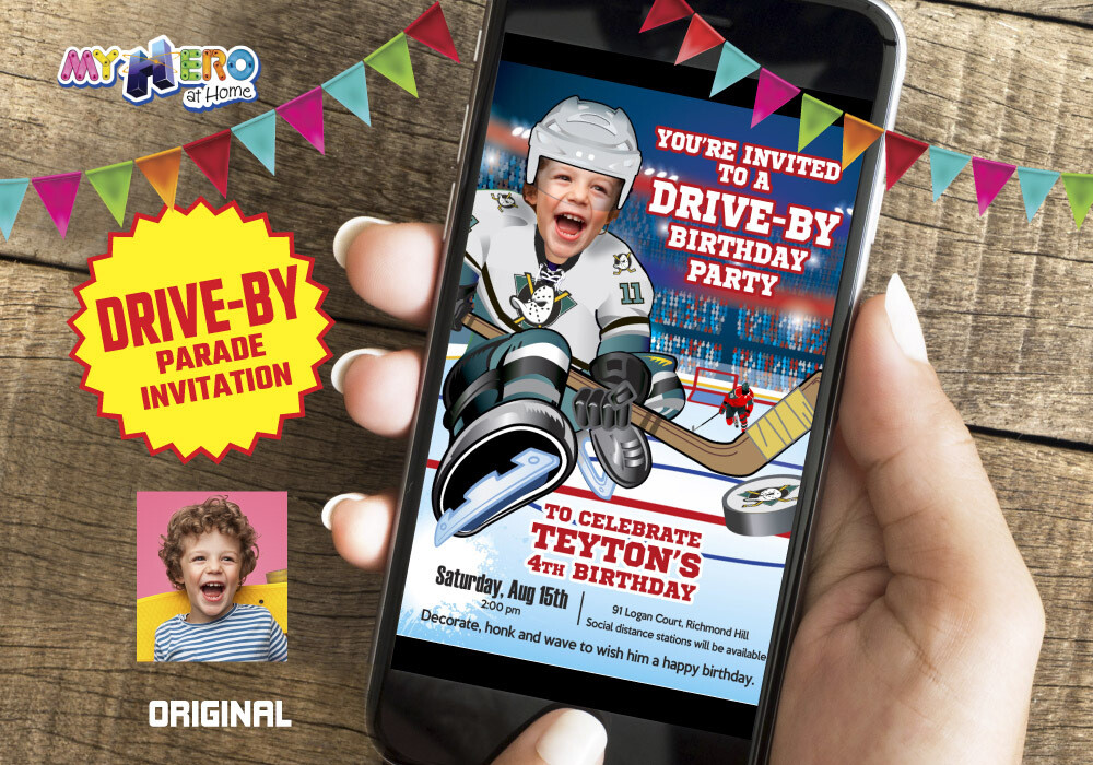 Hockey Drive-By Invitation, Hockey Birthday Parade Invitation, Hockey Drive-Thru Party, Hockey Digital, Hockey Virtual theme Party. 301CV