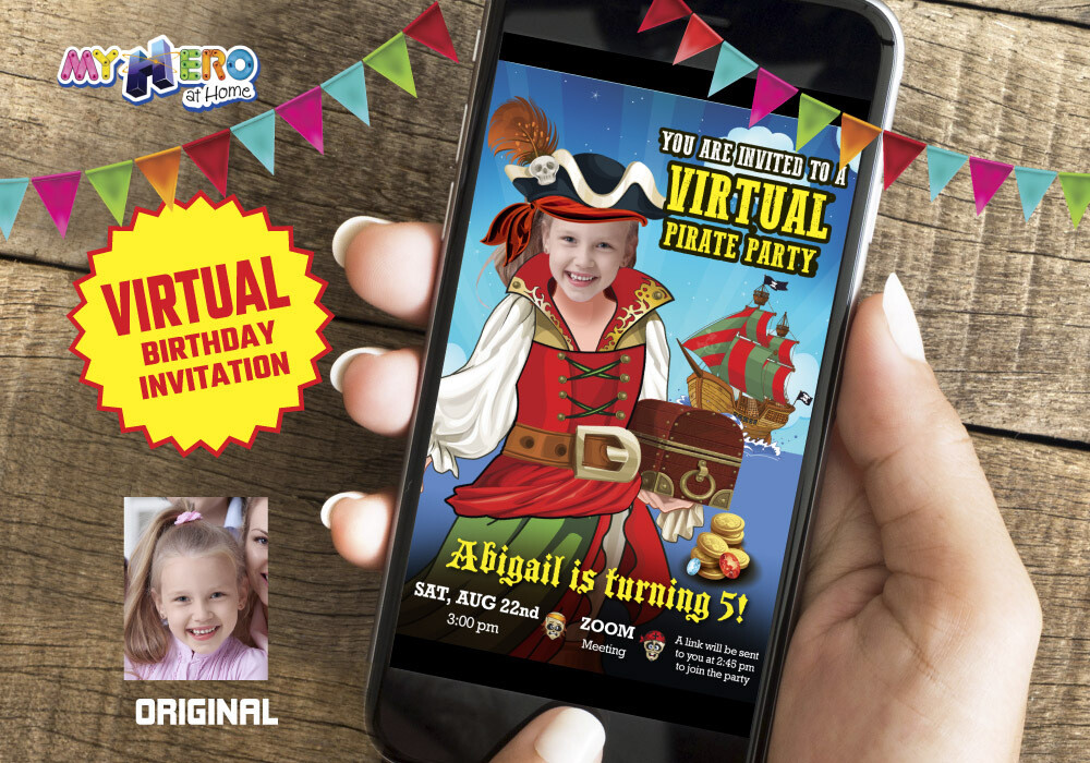 Girl Pirate Virtual Invitation, Girl Pirate Virtual Party, Pirate Online Party, Girl Pirate Drive By Party, Pirates Birthday Parade. 230CV