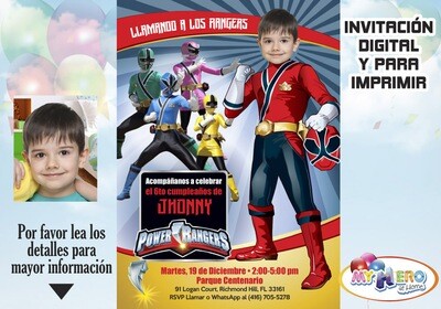 Power Rangers Invitación de Cumpleaños. Fiesta temática Power Rangers. Power Rangers Rojo. 001SP