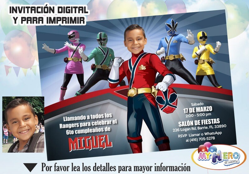 Power Rangers Invitación de Cumpleaños. Fiesta temática Power Rangers. Power Rangers Rojo. 002SP