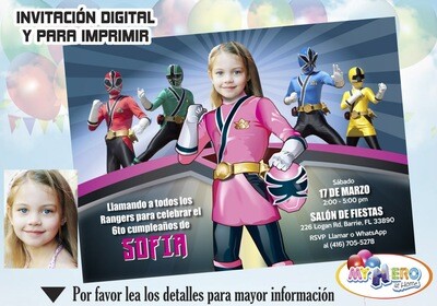 Invitación de Cumpleaños de Power Rangers para Niñas. Fiesta Power Rangers Niña. Power Ranger Rosa. 059SP