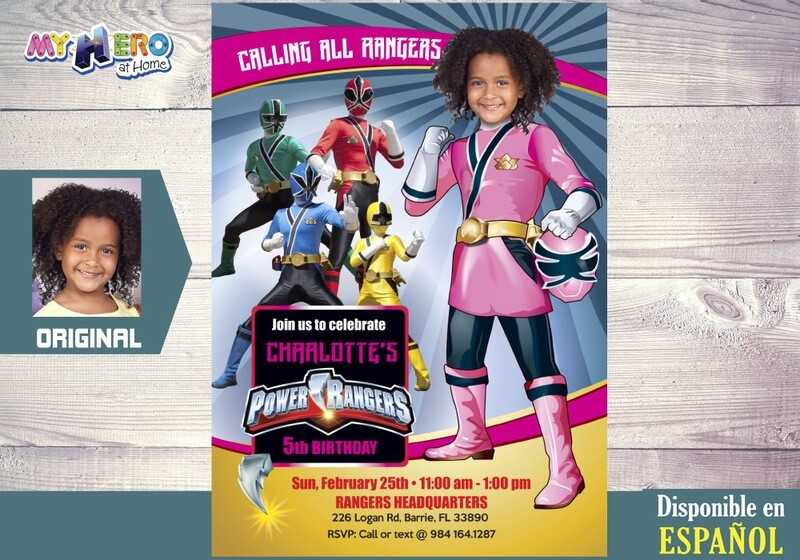 Invitación de Cumpleaños de Power Rangers para Niñas. Fiesta Power Rangers Niña. Power Ranger Rosa. 396SP