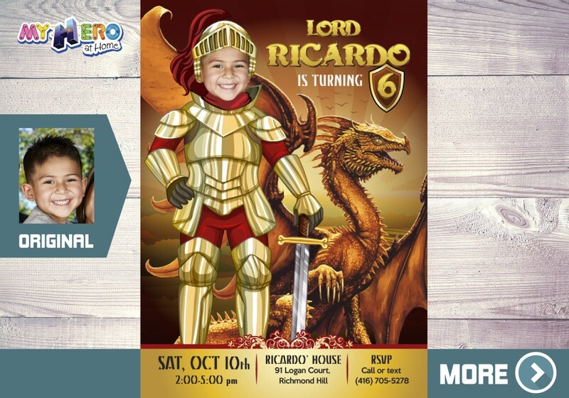 Medieval Golden Knight Invitation, Dragon slayer photo Invitation, Dragons Birthday party invitation, Knight Invitation with photo. 219