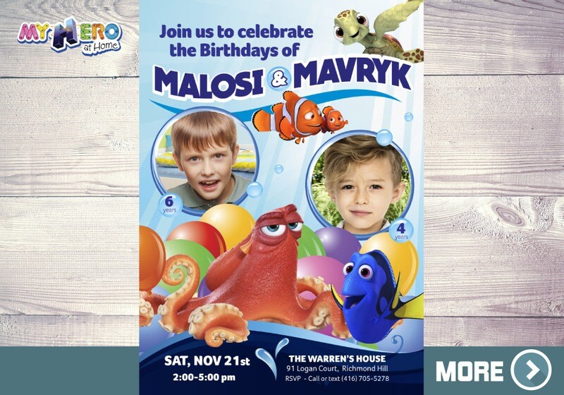 Finding Dory Birthday Invitation for boys. Joint Finding Dory Birthday. Finding Dory Siblings Party. 222B