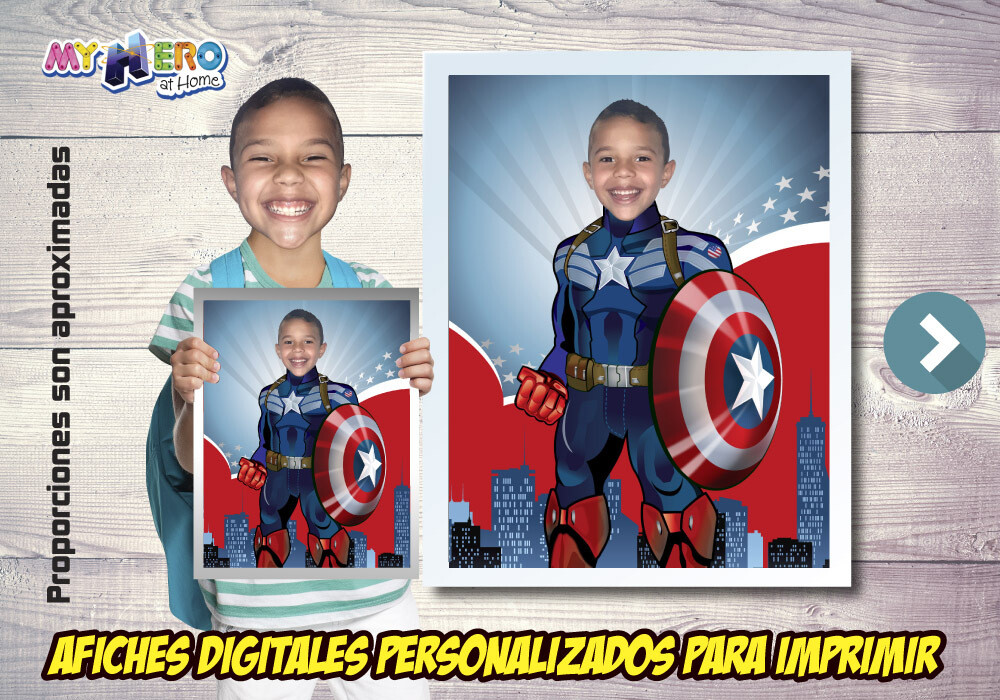 Afiche Personalizado del Capitán América. Convierta a su niño en el Capitán América para protagonizar su Afiche de Capitán América  Decoración Capitán América. 476SP