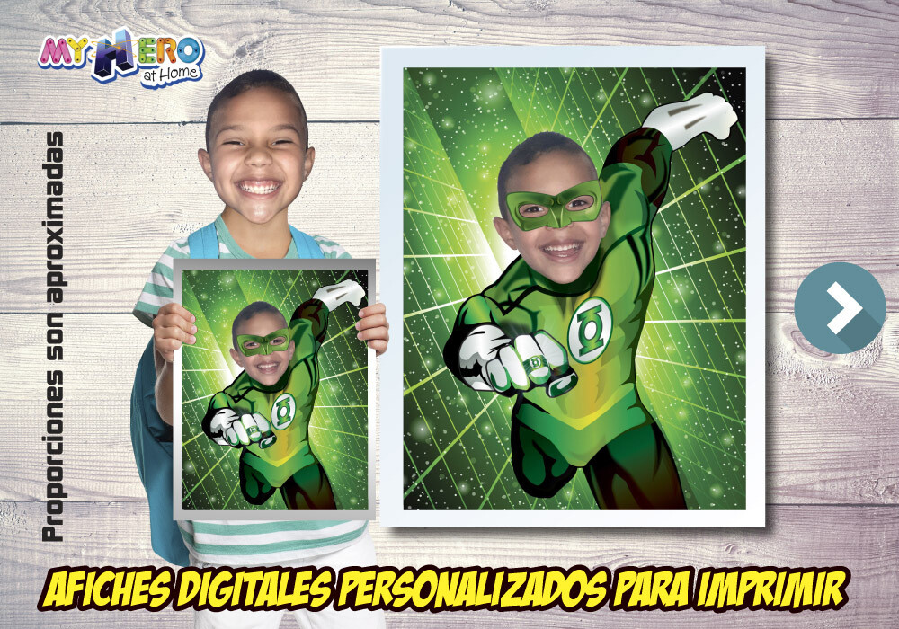 Afiche Personalizado de Green Lantern.  Convierta a su niño en la Linterna Verde para protagonizar su Afiche de Green Lantern. Decoración Linterna Verde. 482SP