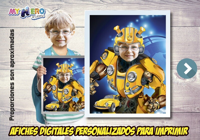 Afiche Personalizado de Bumblebee.  Convierta a su niño en Bumblebee para protagonizar su Afiche Transformers. Decoración Bumblebee. 490SP