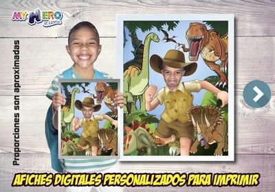 Afiche Personalizado de Dinosaurios. Convierta a su niño en un explorador para protagonizar su Afiche de Dinosaurios. Decoración Dinosaurios. 492SP