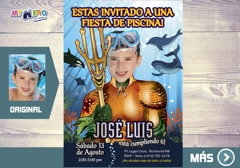 Aquaman Invitacion de Cumpleanos, Pool Party tema Aquaman, Invitacion de Aquaman, Cumple Piscina Aquaman. 190SP