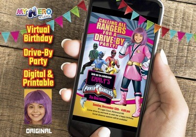 Girl Power Rangers Drive By Birthday, Pink Power Ranger Virtual Party, Pink Power Ranger Digital Invitation, Girls Power Rangers theme party. 396CV