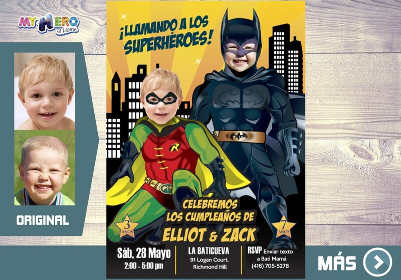 Invitacion de Batman y Robin, Fiesta de Batman y Robin, Invitacion Digital Ciudad Gotica, Cumple Batman y Robin. 296SP